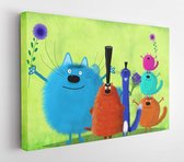 Canvas schilderij - A big company of colorful cats with top hats and flowers standing on the beautiful light green background  -     679734361 - 115*75 Horizontal