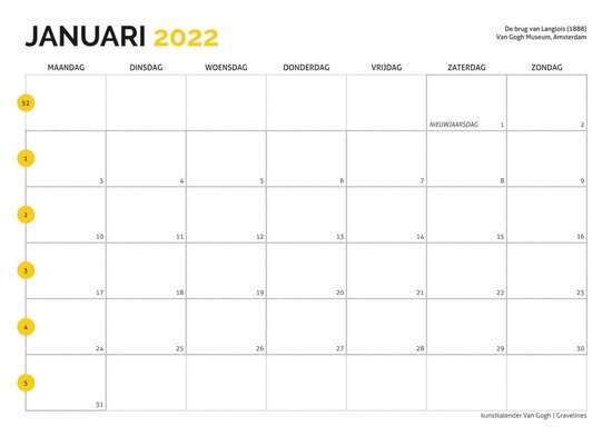 Kunstkalender Van Gogh - Maandkalender 2022 - A4-formaat - kalender met weeknummers - wandkalender met 12 schilderijen