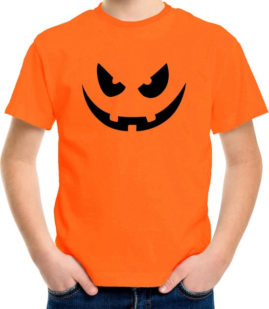 Halloween Pompoen gezicht halloween verkleed t-shirt oranje voor kinderen - horror shirt / kleding / kostuum 122/128