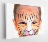 Canvas schilderij - Beautiful young girl with face painted like a tiger  -     166820021 - 115*75 Horizontal
