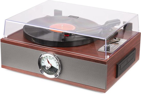 Houten platenspeler met platenspeler en radio-interface.