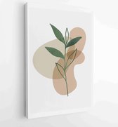 Canvas schilderij - Green and earth tone background foliage line art drawing with abstract shape and watercolor 1 -    – 1922511887 - 50*40 Vertical