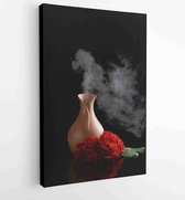 Canvas schilderij - Aroma oil diffuser and flowers on dark background -  Productnummer 1330884548 - 50*40 Vertical