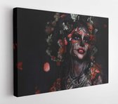 Canvas schilderij - Close up portrait of beautiful girl with skull makeup. professional Halloween face painting with flower crown on head  -     1433487332 - 115*75 Horizontal
