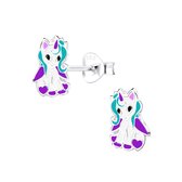 Joy|S - Zilveren pony eenhoorn oorbellen - adorable unicorn oorknoppen - paars wit - t70