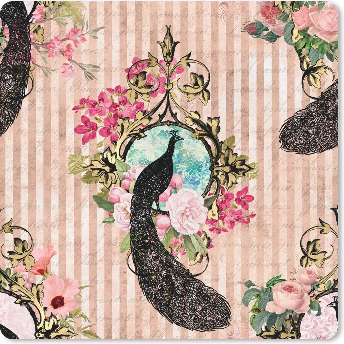 Muismat 30x30 cm - Mousepad Pauw - Roze - Bloemen - Muismatten
