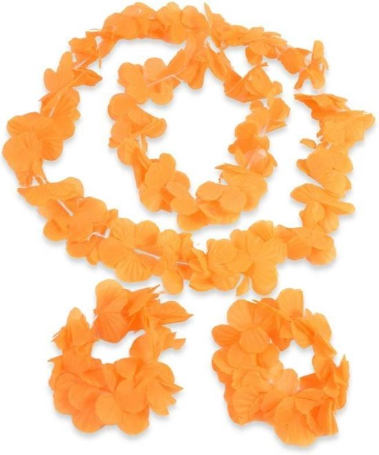 WK 2022 - ORANJE HAWAII KRANSENSET 4-DELIG - Ketting, hoofkrans, 2 x armband - Koningsdag - voetbal - bloemenslinger - bloemen slinger - neon oranje - Oranje accesoires oranje versiering - funny holland collectie