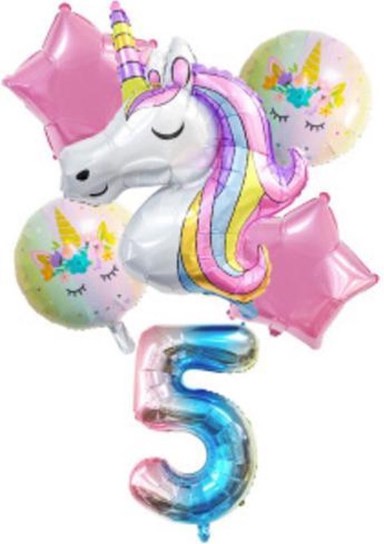 Unicorn Ballonnen – 6-Delige Folieballonnen Set – Cijfer 5