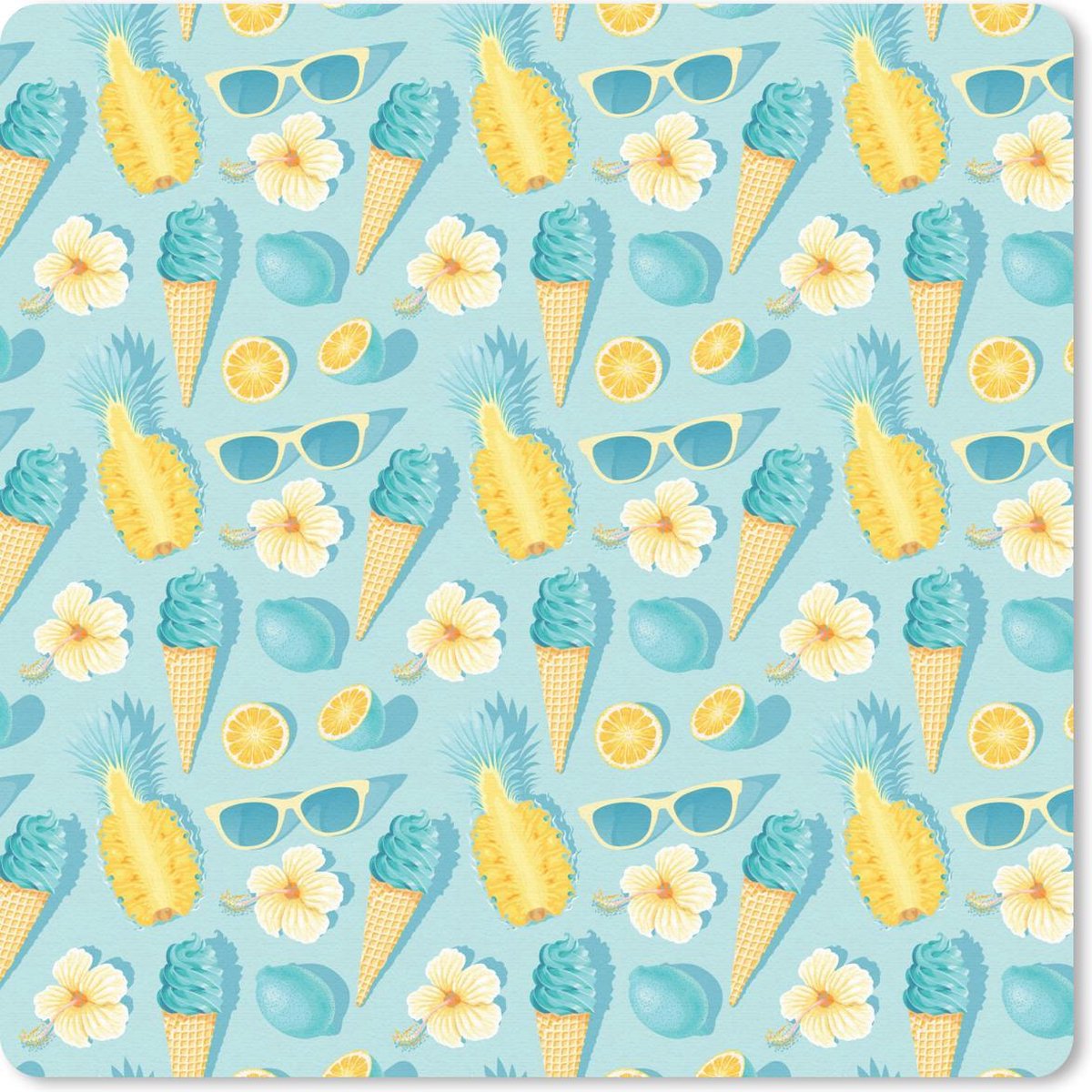 Muismat 20x20 cm - Mousepad Zomer - Elementen - Blauw - Patroon - Muismatten