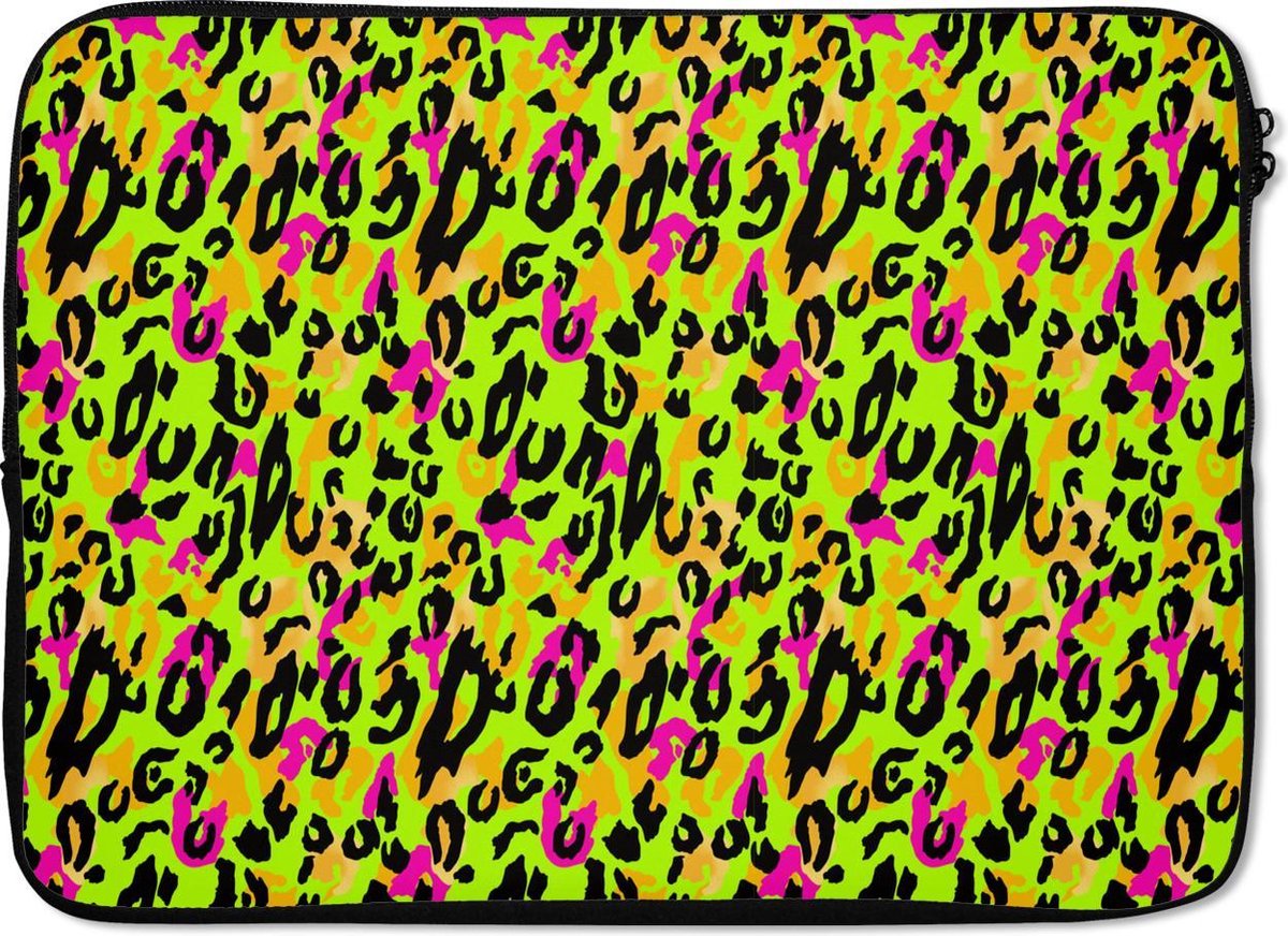 Laptophoes 13 inch - Dierenprint - Patronen - Neon - Geel - Laptop sleeve - Binnenmaat 32x22,5 cm - Zwarte achterkant