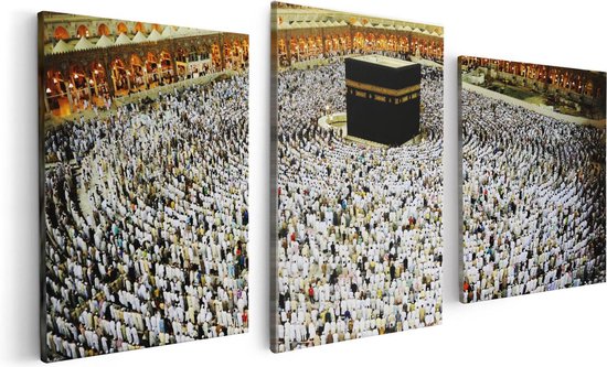 Artaza Canvas Schilderij Drieluik Zwarte Steen in Mekka met Biddende Moslims - 120x60 - Foto Op Canvas - Canvas Print