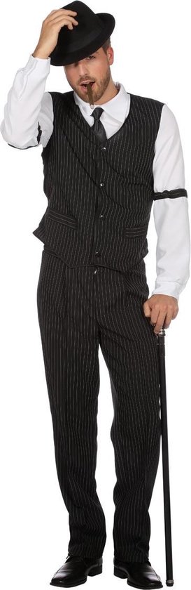 Wilbers & Wilbers - Maffia Kostuum - Luigi Calzone Gangster New York - Man - Zwart / Wit - Maat 50 - Carnavalskleding - Verkleedkleding