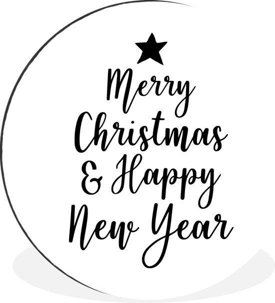 WallCircle - Wandcirkel - Muurcirkel - Kerst quote "Merry Christmas & Happy New Year" op een witte achtergrond - Aluminium - Dibond - ⌀ 90 cm - Binnen en Buiten