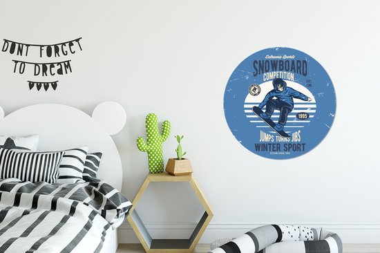 WallCircle - Stickers muraux - Cercle Papier Peint - Snowboard - Sports d'hiver - Rétro - 50x50 cm - Cercle Mural - Auto Adhésif - Autocollant Rond Papier Peint