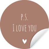 WallCircle - Muurstickers - Behangcirkel - Engelse quote "P.S. i love you" met een hartje tegen een bruine achtergrond - 50x50 cm - Muurcirkel - Zelfklevend - Ronde Behangsticker
