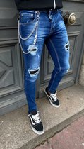 Heren jeans blauw denim met scheuren en zonder/met ketting - skinny fit & stretch - 484 - maat 36 - Black Friday - kerst - kerstmis