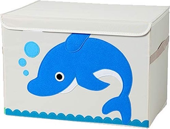 Opbergkist met een witte opgestikte rand, met een blauwe dolfijn met bubbels en een golvende blauwe rand.
