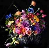 JJ-Art (Canvas) 100x100 | Bloemen in vaas, stilleven, woonkamer - slaapkamer | Rozen, tulpen, blauw, groen, rood, roze, geel, zwart, paars, oranje, vierkant | Foto-Schilderij wandd