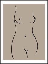 Poster Naakte Vrouw 40x30 - Woman Fine Line - Beige - Abstract - Zwart Wit -