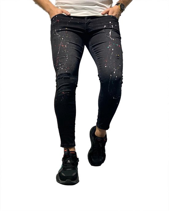 Heren jeans zwart denim met verfspatten en scheuren | skinny fit & stretch  | 2920 |... | bol.com