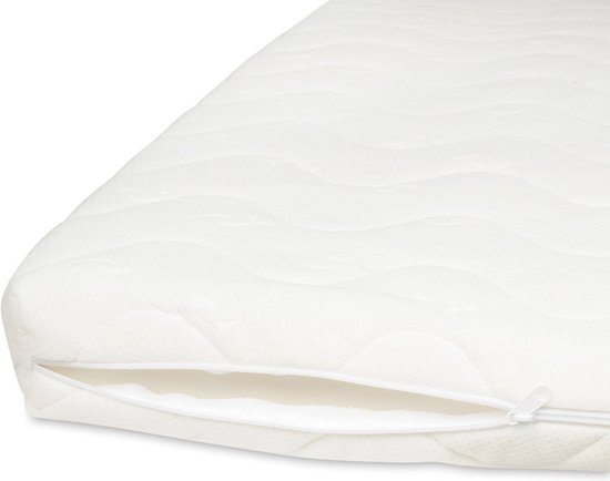 Detail van een witte topmatras met een open rits, waardoor de binnenkant van de gewatteerde hoes zichtbaar is.