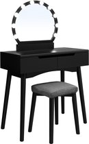 WoonWerkInterieur - Kaptafel Set - Tafel - Zwart - Inclusief Spiegel - Ronde Spiegel - 11 Gloeilampen - Kruk - 80x40x130,5cm