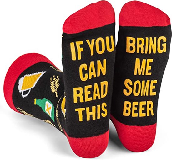 Grappige Sokken - Bier - Rood met Zwart - Bring me Beer - One Size - Cadeau Mannen - Huissokken - Vaderdag - Verjaardag - Geschenk Man - Sinterklaas & Kerst