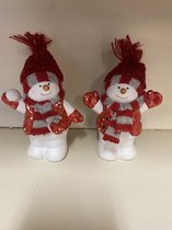 Kerstbeeldjes van keramiek - Set van 2 sneeuwpopjes - 9x5.5x10.3 cm - Rood - Kerstdecoratie