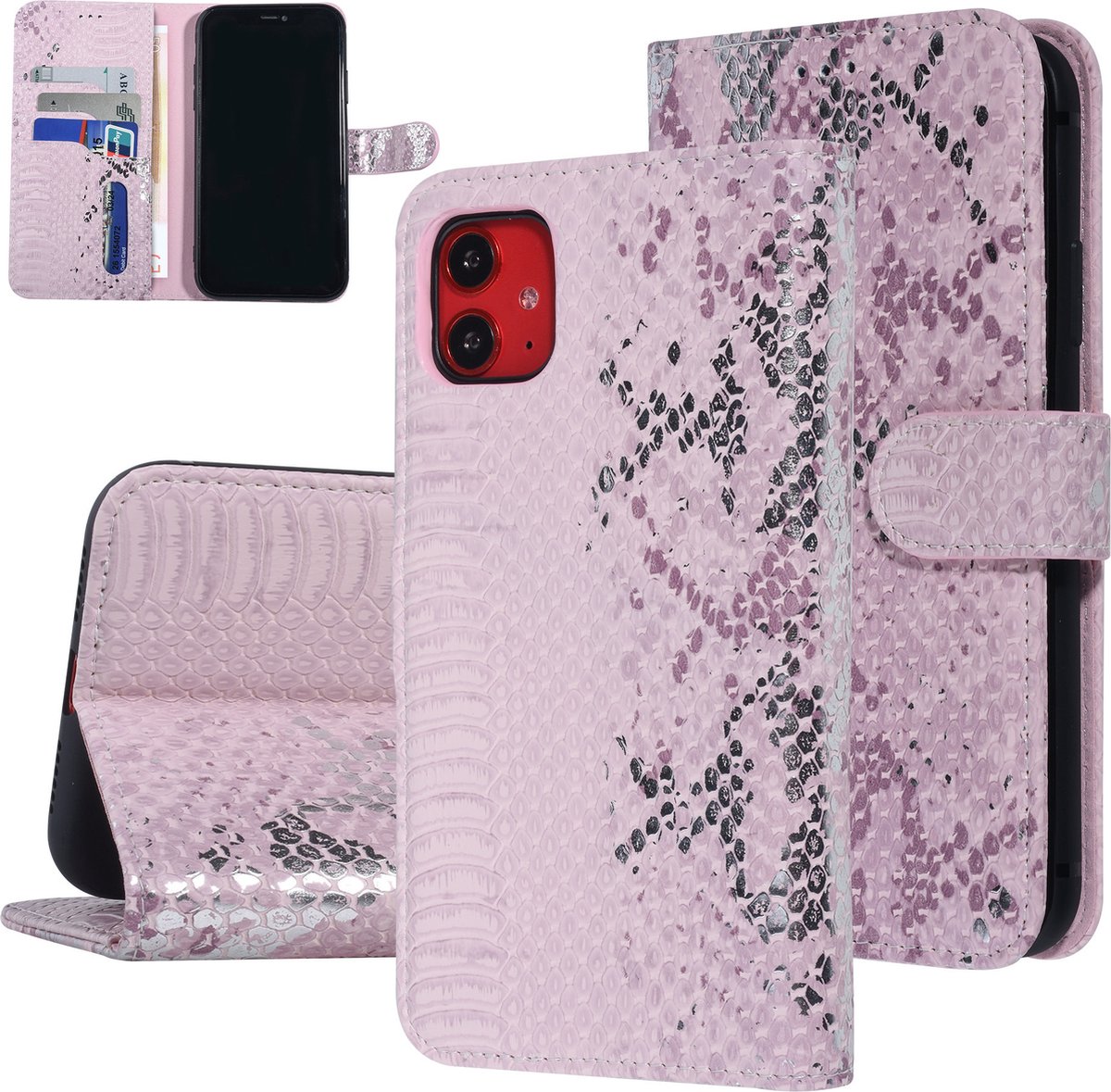 UNIQ Accessory iPhone 11 Slangenleer Booktype hoesje - Pasjeshouder voor 3 pasjes - Roze