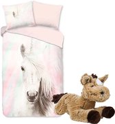 Dekbedovertrek White Unicorn- Eenhoorn dekbed- 1 persoons- 140x200- Katoen- Paarden slaapkamer, incl. super zachte paarden knuffel bruin paard