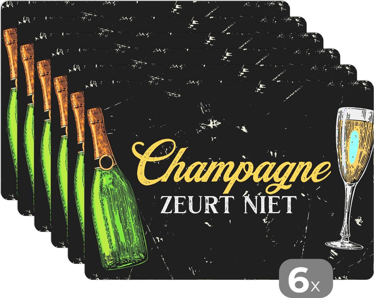 Placemat - Placemats kunststof - Champagne - Vintage - Zwart - 45x30 cm - 6 stuks - Hittebestendig - Anti-Slip - Onderlegger - Afneembaar