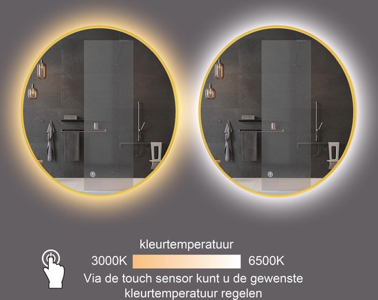 Miroir de salle de bain rond Mauri or mat avec chauffage, éclairage LED et capteur tactile 60x60cm