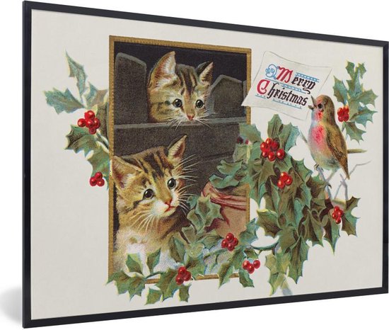Poster met lijst Kerst - Katten - Vogel