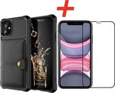 Backcover geschikt voor Apple iPhone 11 - Zwart - 3 in 1 pasjeshouder - met Glazen Screenprotector