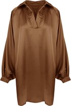 Blouse Ryanna - Lange Satijnen Blouse - Ballonmouwen en V-hals - Kastanje
