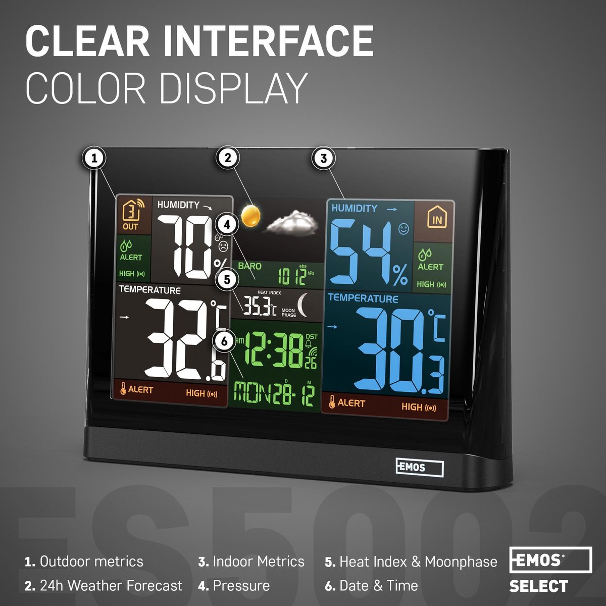 Date & Heure Indice de Chaleur & de Confort Température Station Météo Intérieur Extérieur sans Fil avec Écran Couleur Pression de l'Air Prévision 12-24h EMOS Humidité Date & Heure Indice de Chaleur & de Confort Température Station Météo Intérieur Extérieur sans Fil avec Écran Couleur Pression de l'Air Prévision 12-24h EMOS Humidité