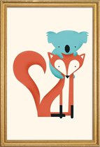 JUNIQE - Poster met houten lijst Fox and Koala -13x18 /Blauw & Oranje