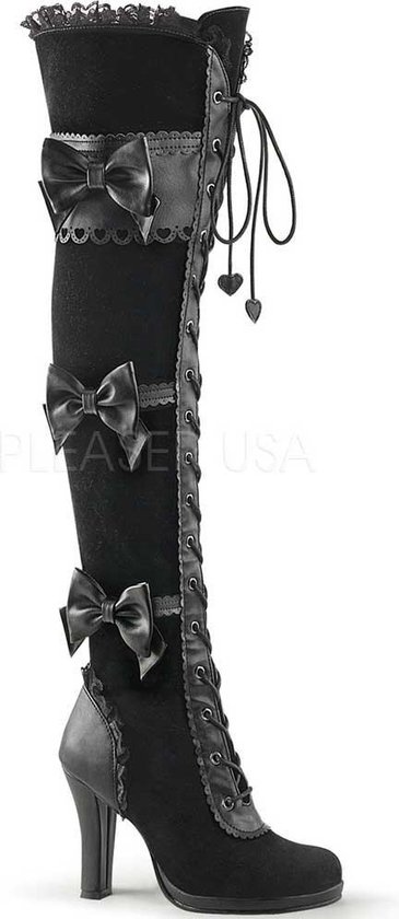 Glam-300 hoge lolita laars met lace-up en strik detail zwart vegan leer/fluweel - Gothic Metal Glamrock - (EU 41,5 = US 11) - Demonia