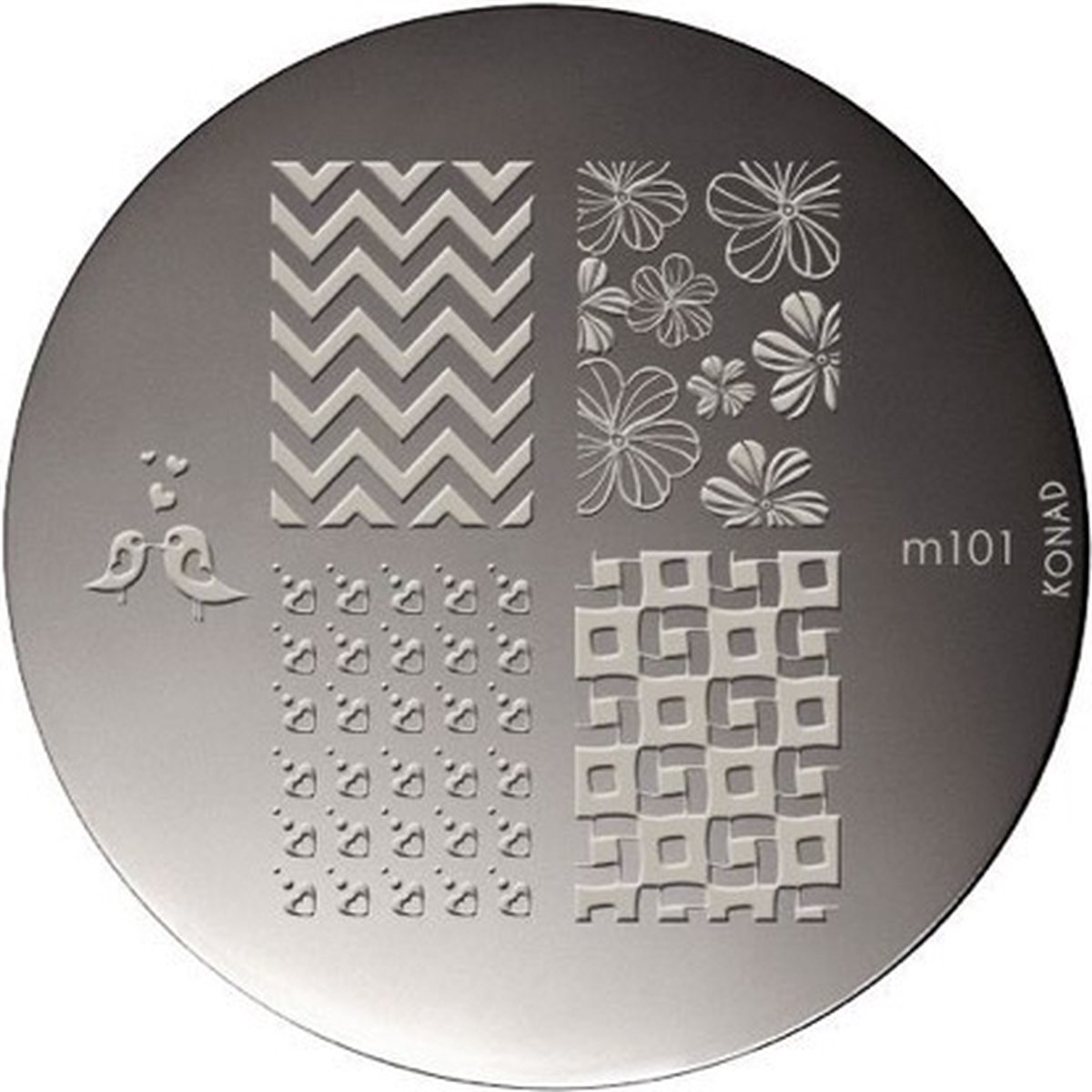 Goedkoopste KONAD stempel sjabloon M101 met 5 nagel figuurtjes (bloemen, hartjes, vogeltjes met hartjes).