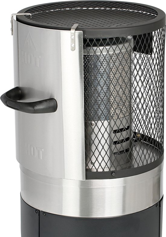 Close-up van de bovenkant van een zwarte terrasverwarmer met zilverkleurige details, handgreep en 'HOT' waarschuwing.