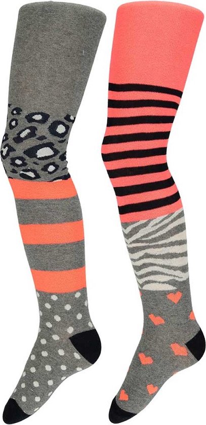 Twee maillots, één met luipaard-, streep- en stipdessin in grijs en oranje. De ander met streep-, zebra- en hartdessin in grijs, oranje en zwart.