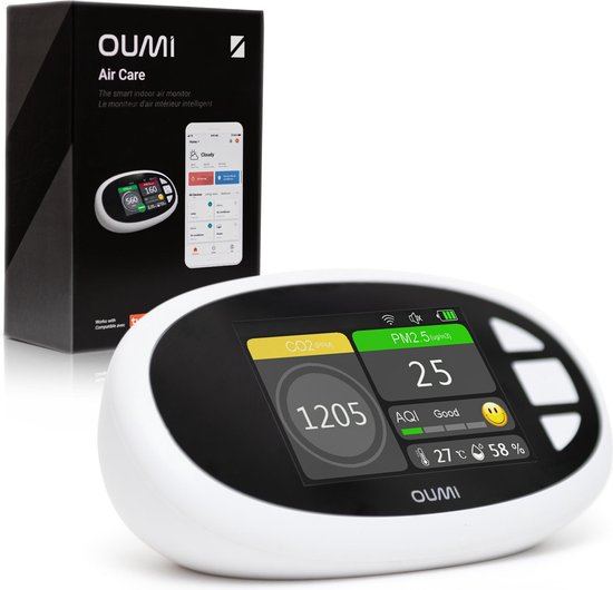 OUMI® Luchtkwaliteitsmeter – CO2 meter Horeca – Fijnstofmeter – Hygrometer – Inclusief Smartphone app – Gedetailleerd LCD Scherm – Wit
