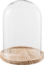 HAES DECO - Decoratieve glazen stolp met lichtbruin houten voet, diameter 23 cm en hoogte 29 cm - ST021711