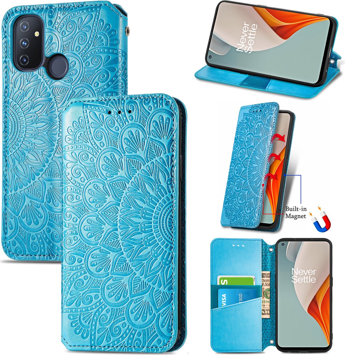 Luxe PU Lederen Blooming Mandala Reliëfpatroon Wallet Case + Glas Screenprotector voor OnePlus Nord N100 _ Blauw
