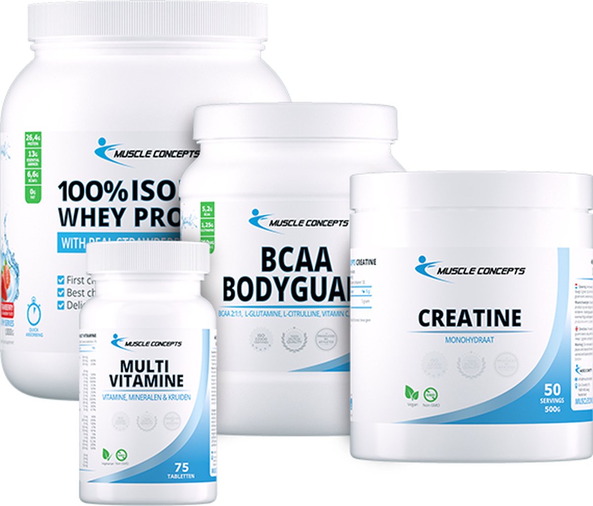 Topsporter Pakket | Muscle Concepts - Whey Isolaat (100%) Protein Aardbei, Creatine Monhoydraat, BCAA Bodyguard & Multivitamine