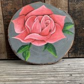 Roos op boomschijf - 100% handgeschilderd - 34cm - schilderij op hout- YM-art