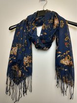 Lange dames sjaal Marijke bloemmotief donkerblauw rood bruin wit