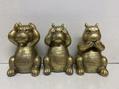 Gouden Nijlpaarden " horen, zien & zwijgen" beeldjes - goud - set van 3 - 13 cm hoog - polyresin – decoratief