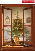 D&C Collection - tuinposter - 95x130 cm - bruin venster vintage kerst interieur ski met muis -