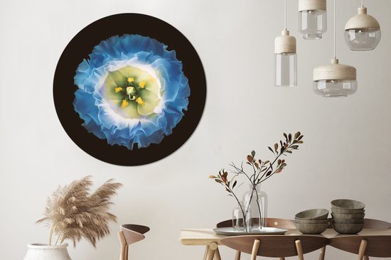 Gros plan d'une fleur bleue sur fond noir Sticker papier peint cercle mural ⌀ 120 cm / cercle papier peint / cercle mural / cercle vivant - autocollant & découpe ronde